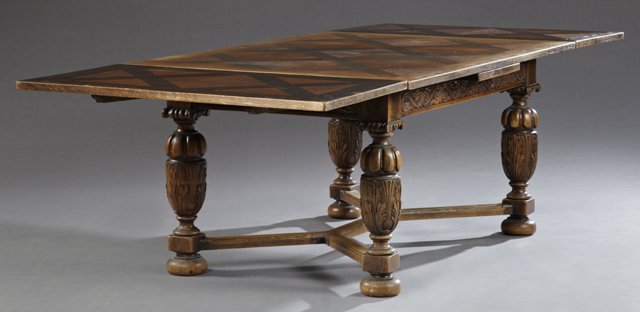 French Jacobean Style Carved Oak Draw Leaf Table, early (1 of 1)