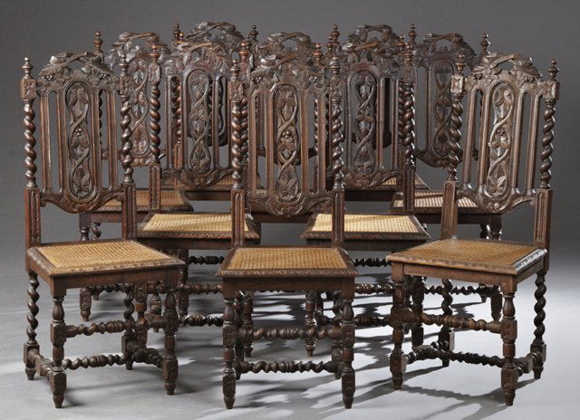 Set of Ten French Jacobean Style Carved Oak Dining (1 of 8)
