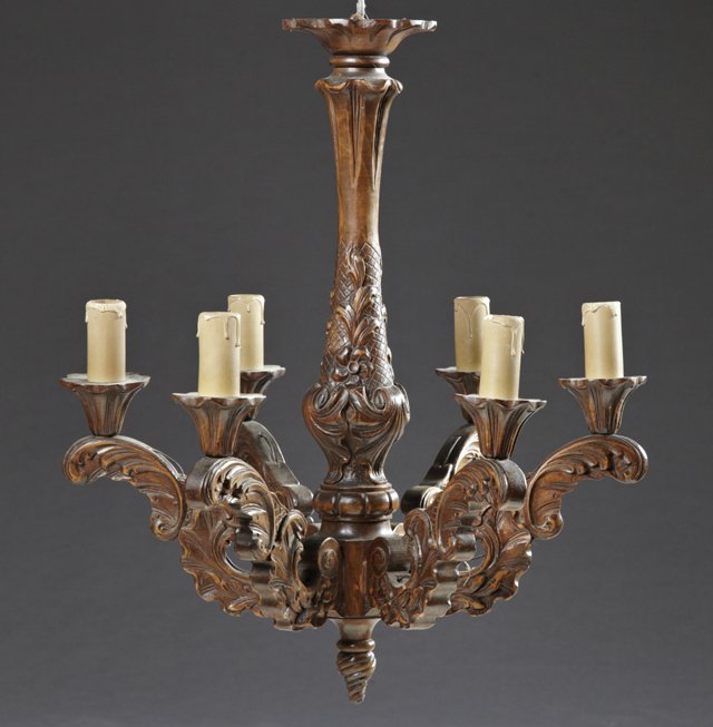French Louis XV Style Carved Beech Six Light: French Louis XV Style Carved Beech Six Light Chandelier, 20th c., the tapered relief carved support issuing six double scrolled relief arms with floriform wooden bobeches, H.- 27 in., Dia.- 24 in.