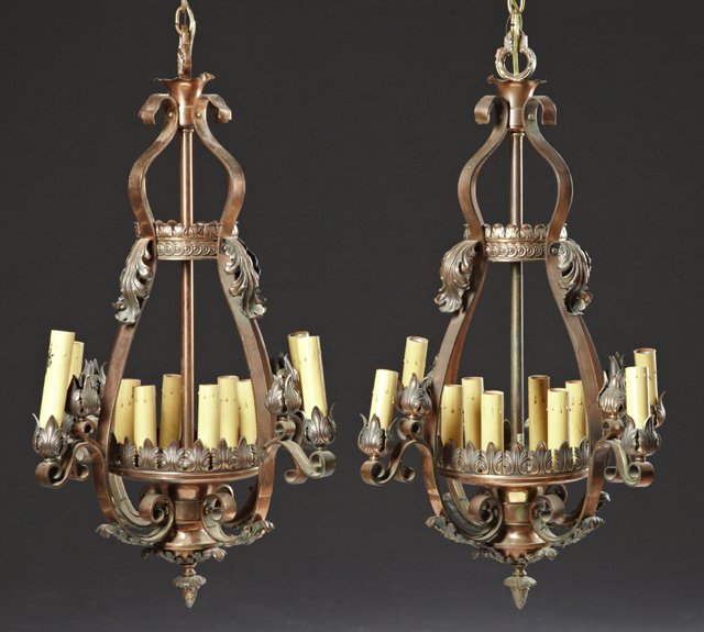 Pair of Copper Ten Light Chandeliers, 20th c., of (1 of 1)
