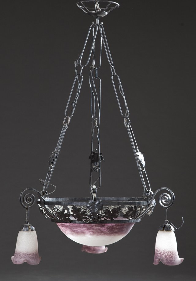 Wrought Iron Pate de Verre Art Glass Chandelier, early (1 of 1)