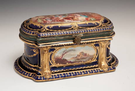 Bronze Mounted Sevres Porcelain Jewelry Box, 18th c.,: Bronze Mounted Sevres Porcelain Jewelry Box, 18th c., the domed lid with a gilt framed reserve after Sigmund Freudenberger (1745-1801), "Le Soldat en Semestre," so labeled underneath, with a Sevres