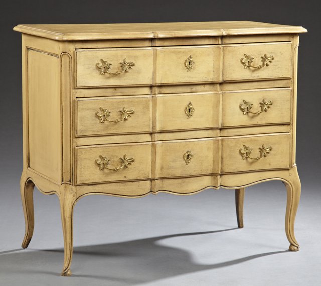 Louis XV Style Polychromed Carved Beech Commode, early: Louis XV Style Polychromed Carved Beech Commode, early 20th c., the serpentine top over three drawers on cabriole legs to pointed pad feet, H.- 33 3/4 in., W.- 38 7/8 in., D.- 18 7/8 in.