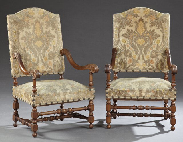 Pair of Louis XIII Carved Walnut Upholstered Fauteuils, (1 of 1)