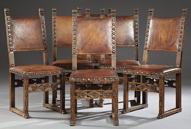 Set of Six Spanish Renaissance Style Carved Oak Dining (1 of 1)
