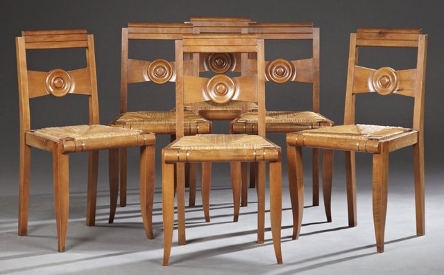 Set of Six French Art Deco Carved Walnut Dining Chairs, (1 of 1)