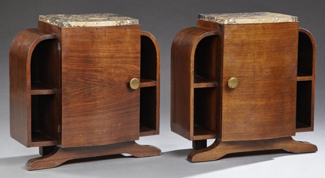 Pair of French Art Deco Bowfront Marble Top: Pair of French Art Deco Bowfront Marble Top Nightstands, c. 1940, with highly figured Breche d'Alpes marble tops over a central bowed cupboard door, flanked by open shelves, on a trestle splayed foot,