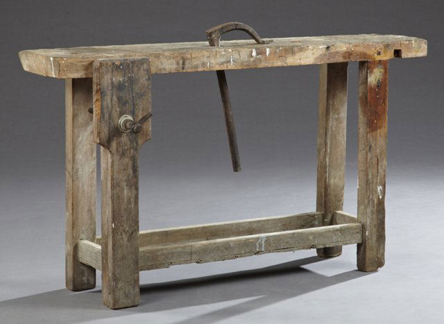 French Carved Elm Cabinet Maker's Workbench, 19th c., (1 of 1)