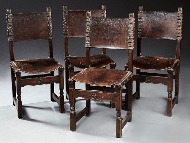 Set of Four Spanish Renaissance Style Carved Oak Dining (1 of 1)