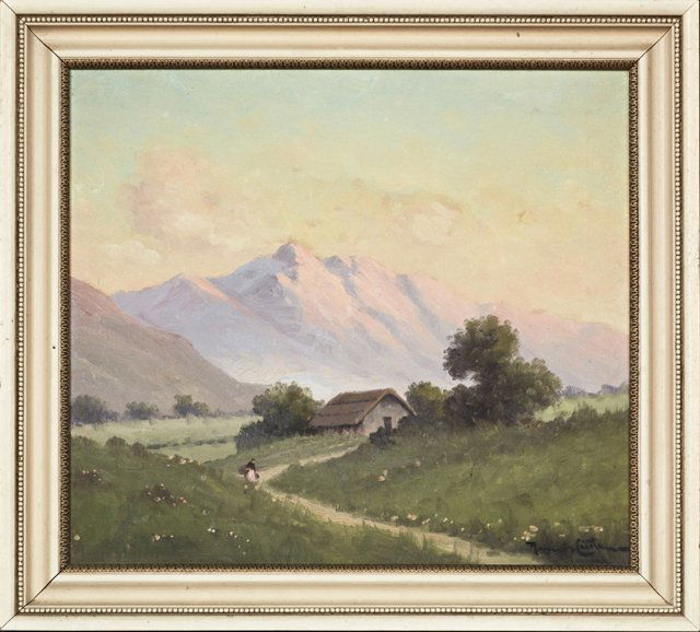 Ramos Catalan (Chile), "Figure on a Chilean Country: Ramos Catalan (Chile), "Figure on a Chilean Country Road at Dawn," oil on canvas, 20th c., signed left, framed, H.- 15 in., W.- 16 5/8 in.