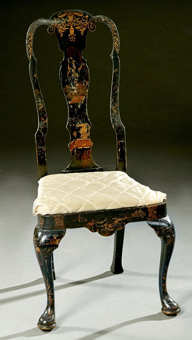 Dutch Queen Anne Style Lacquered Side Chair, late 19th: Dutch Queen Anne Style Lacquered Side Chair, late 19th c., the arched crest rail over a fiddle back above a shaped slip seat, on cabriole legs with pad feet joined by a wide arched skirt, in chinoisse