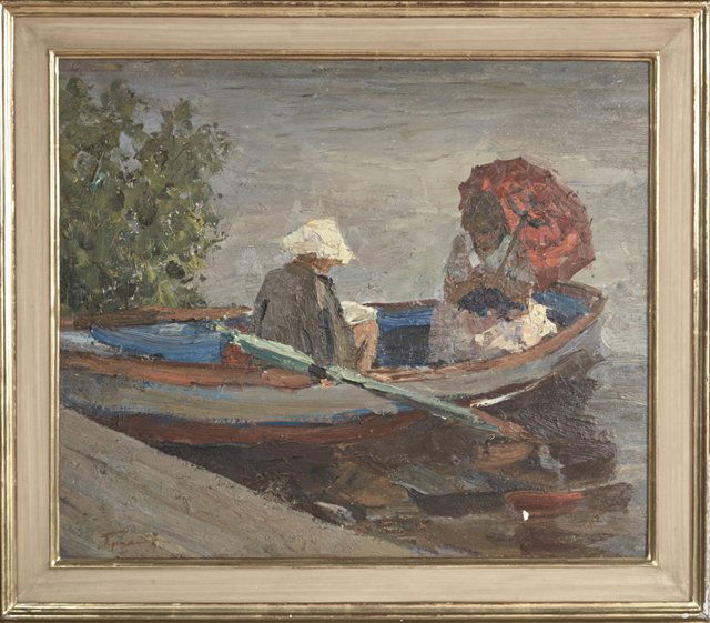Russian School, "Two People in a Rowboat," 20th c., oil (1 of 2)