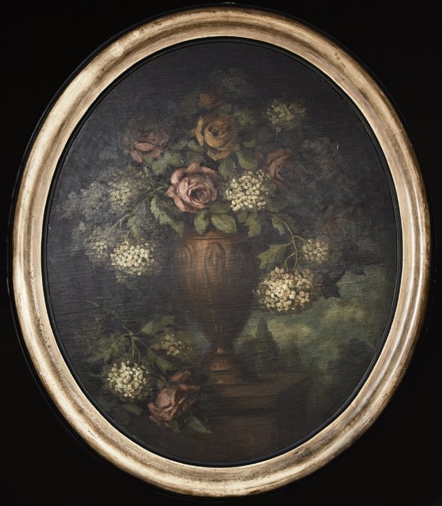 Continental School, "Still Life of Roses and Hydrangeas: Continental School, "Still Life of Roses and Hydrangeas in a Yellow Urn," late 19th c., oval oils on canvas, presented in a gessoed frame, H.- 29 3/8 in., W.- 24 3/8 in.