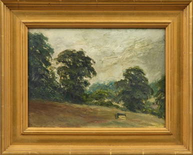Ellsworth Woodward (1861-1939, New Orleans), "Southern: Ellsworth Woodward (1861-1939, New Orleans), "Southern Landscape," oil on board, signed "EW" lower left, presented in a gilt frame, H.- 8 1/4 in., W.- 11 1/4 in.