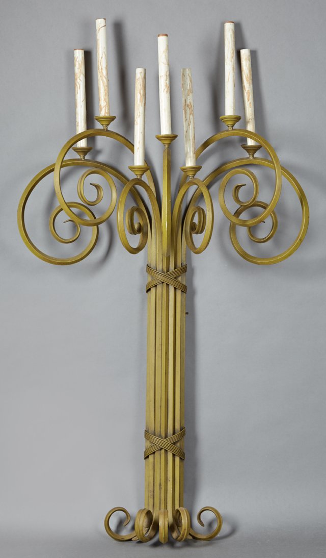 Mid-Century Painted Metal Seven Light Candelabra, 20th: Mid-Century Painted Metal Seven Light Candelabra, 20th c., by Phyllis Morris, Beverly Hills, with seven faux candlesticks in tapered bobeches to scrolled arms on a clustered bound support, with scroll