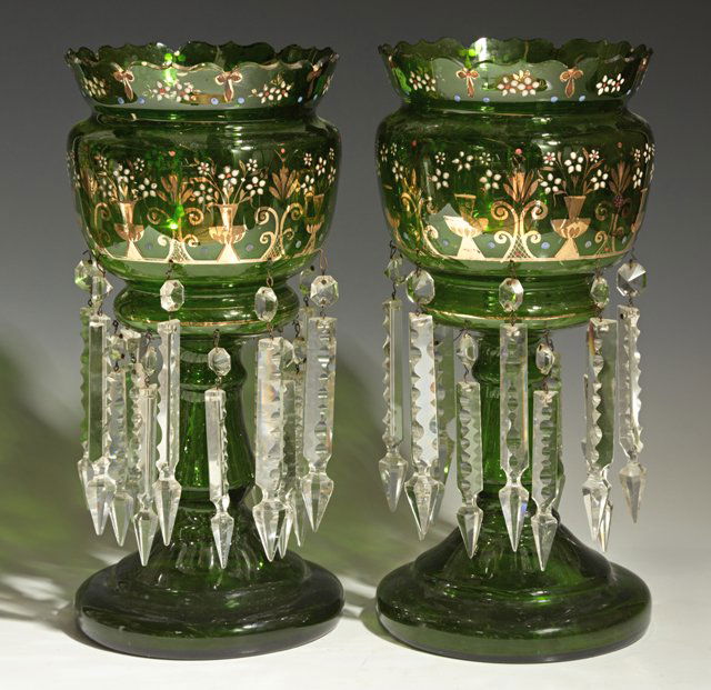Pair of English Victorian Green Glass Lusters, 19th c., (1 of 1)