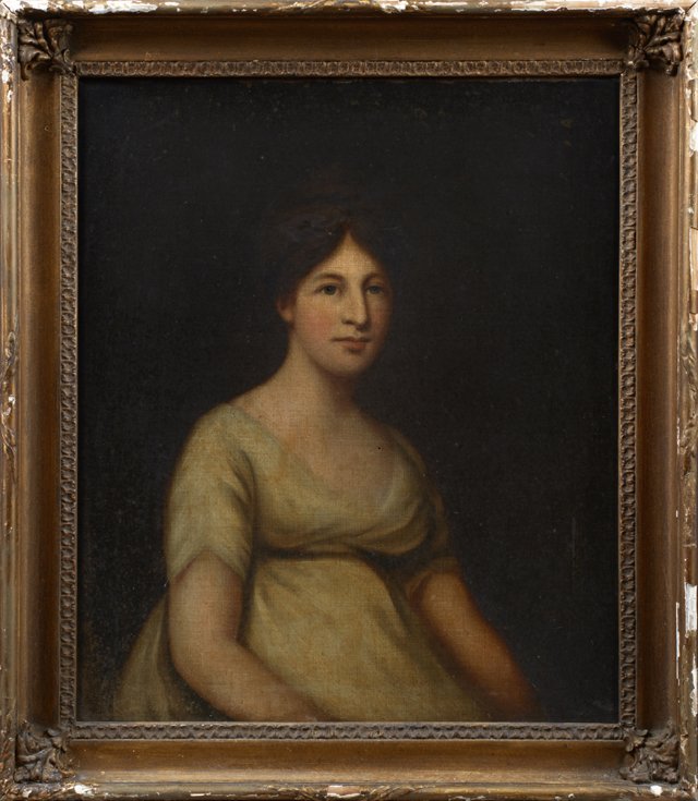British School, "A Portrait of Mrs. Goldsmid," 19th c.,: British School, "A Portrait of Mrs. Goldsmid," 19th c., oil on canvas, unsigned, titled and "Mrs. Goldsmid Wife of Mr. A. Goldsmid of Merton Grove Surrey" on canvas en verso, framed, H.- 30 in., W.- 2