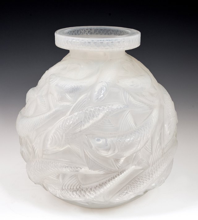R. Lalique Opalescent Glass "Salmonides" Vase, c. 1928, (1 of 4)