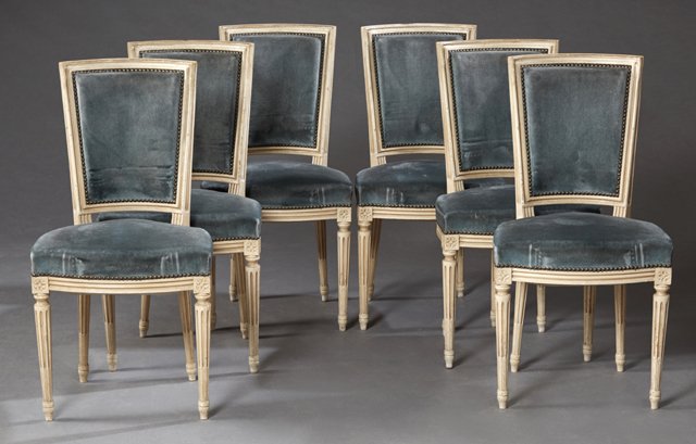 Set of Six Polychromed Beech Louis XVI Style Dining: Set of Six Polychromed Beech Louis XVI Style Dining Chairs, 20th c., the curved upholstered backs over bowed seats, on reeded tapered legs on toupie feet, H.- 35 3/4 in., W.- 18 1/2 in., D.- 18 1/2 in