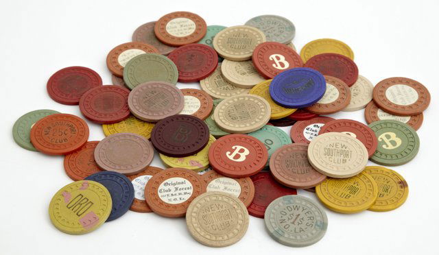Group of Fifty-Six Vintage New Orleans Poker Chips, (1 of 2)