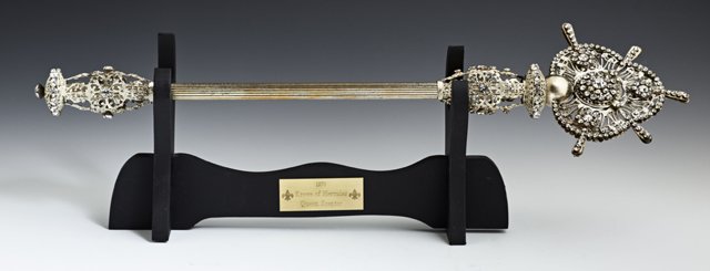 Mardi Gras Queen's Scepter, c. 1970, Hercules, mounted: Mardi Gras Queen's Scepter, c. 1970, Hercules, mounted with faux diamonds, H.- 19 1/2 in., W.- 5 3/8 in., D.- 1 1/2 in.