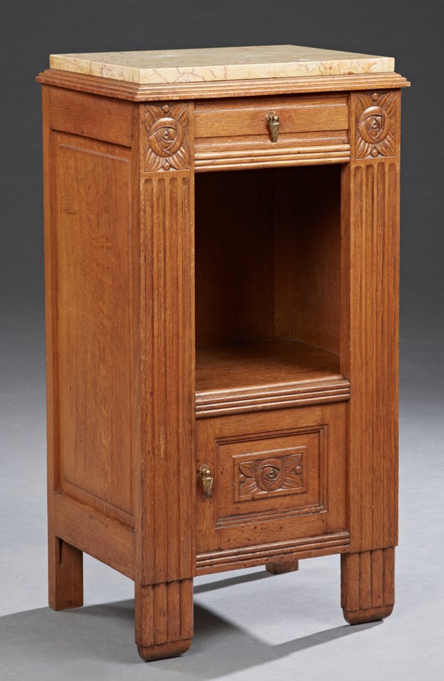French Art Deco Carved Oak Marble Top Nightstand, early (1 of 1)