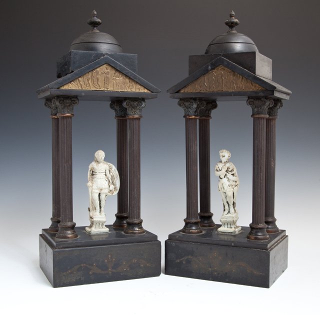 Pair of Black Marble and Patinated Spelter Garnitures,: Pair of Black Marble and Patinated Spelter Garnitures, c. 1880, of temple form, each containing a classical figure beneath an inset classical frieze, on a stepped base with gilt incised decoration, H.