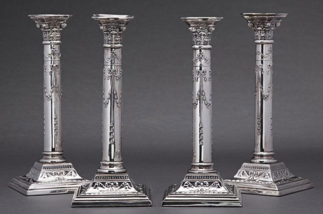Set of Four English Silverplated Candlesticks, 20th c., (1 of 1)