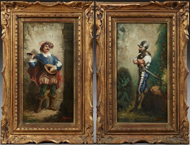 H. Regnier, "Troubadour," and "Knight in Armor," 19th: H. Regnier, "Troubadour," and "Knight in Armor," 19th c., pair of oils on canvas, signed l.r., presented in gilt frames, H.- 15 3/4 in., W.- 7 7/8 in.