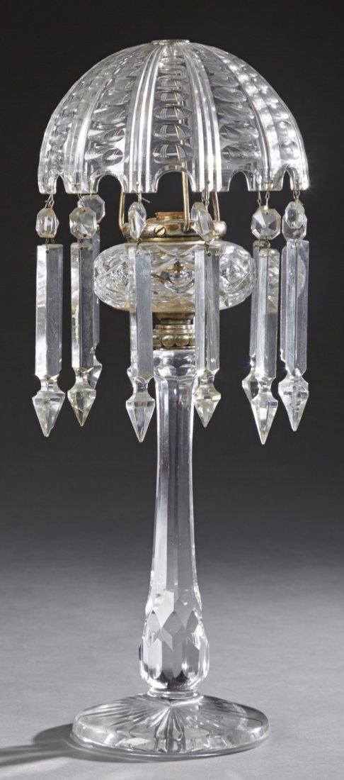 Cut Crystal Oil Lamp, 20th c., with a shell form shade (1 of 1)