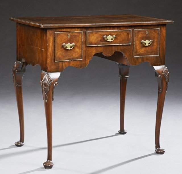 English Carved Banded Mahogany Queen Anne Lowboy, 19th (1 of 1)