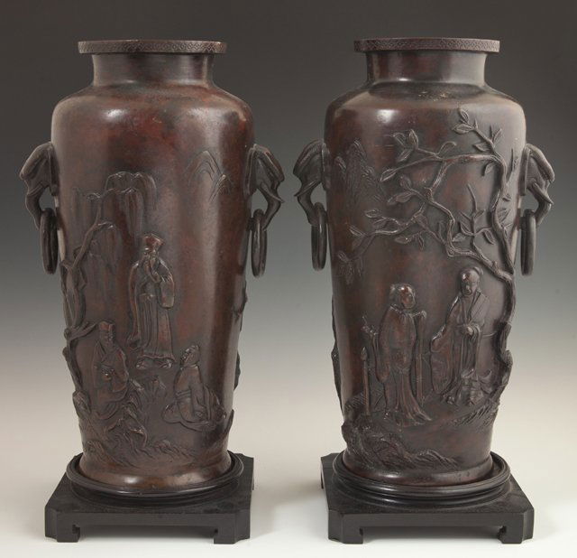 Pair of Tall Japanese Patinated Bronze Baluster Vases, (1 of 1)