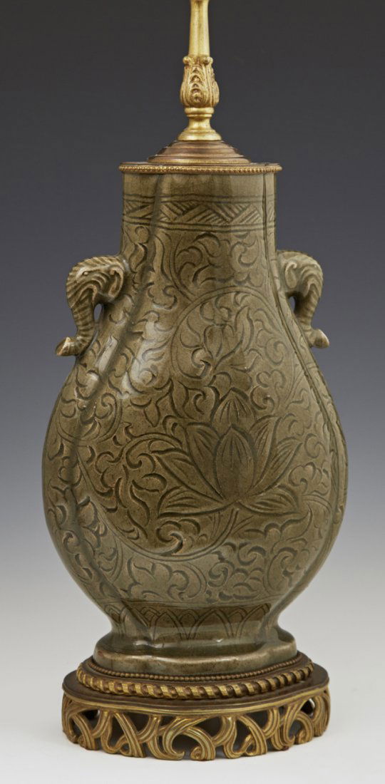 Chinese Green Porcelain Lamp, 20th c., of flat baluster (1 of 1)