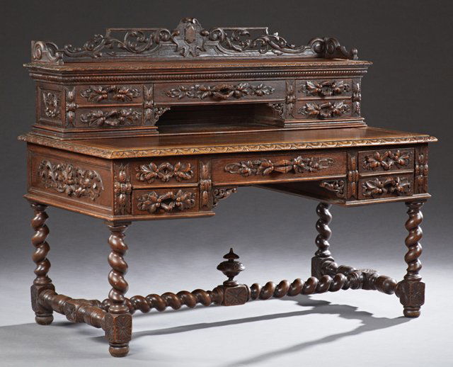 Henri II Style Carved Oak Desk, 19th c., with a pierced (1 of 2)