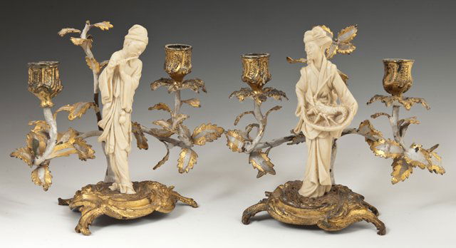 Pair of Gilt Spelter Two Light Figural Candelabra, 20th (1 of 1)