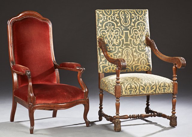 Group of Two French Carved Beech Armchairs, 19th c, one: Group of Two French Carved Beech Armchairs, 19th c, one of "Voltaire" style with an arched back , in orange velvet upholstery with brass tack decoration; the second of Louis XIII style with scrolled a