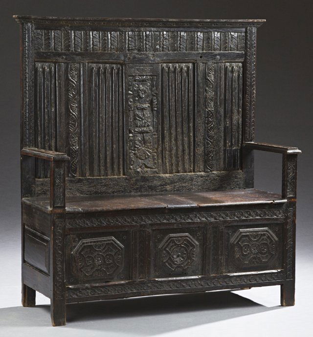 French Medieval Style Carved Oak Settee, mid 19th c., (1 of 1)
