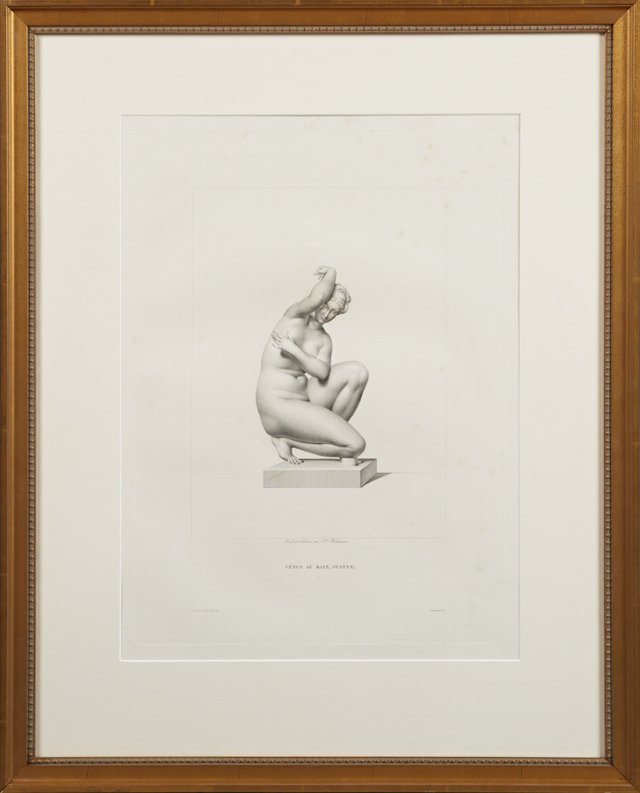 Theodore Richomme (1785-1845), "Venus Au Bain Statue,": Theodore Richomme (1785-1845), "Venus Au Bain Statue," 19th c., black and white engraving, presented in gilt frame with a beaded liner, H.- 20 3/4 in., W.- 15 in.