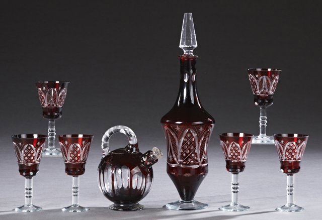 Eight Piece Bohemian Cut-to-Clear Ruby Glass Liqueur (1 of 1)