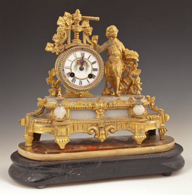 French Gilt Spelter and Alabaster Figural Mantel Clock, (1 of 1)