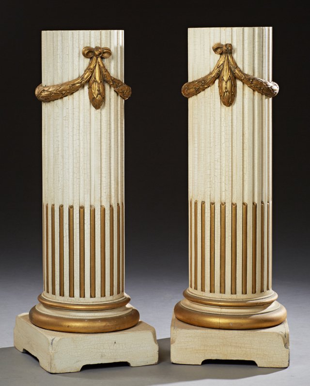 Pair of Louis XVI Style Polychromed Beech Pedestals,: Pair of Louis XVI Style Polychromed Beech Pedestals, 20th c., with applied gilt bows and garlands, with gilt highlights, on square bases, H.- 44 in., W.- 15 in., D.- 15 in.