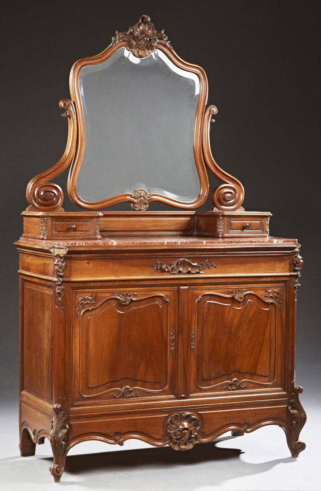 Louis XV Style Carved Walnut Marble Top Chest, c. 1900, (1 of 1)