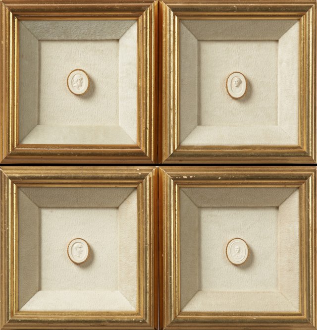 Group of Four Plaster Intaglios, 19th c., Grand Tour: Group of Four Plaster Intaglios, 19th c., Grand Tour souvenirs, now presented in matching gilt shadowbox frames, Each- H.- 1 in., W.- 7/8 in., Frames- H.- 6 1/4 in., W.- 6 1/4 in. Provenance: The Esta