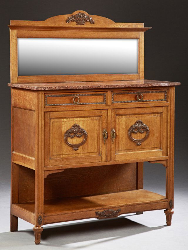 French Art Deco Marble Top Carved Oak Sideboard, c. (1 of 1)