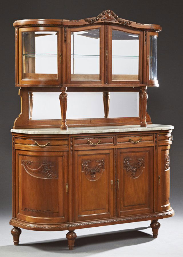 Louis XVI Style Carved Walnut Marble Top Buffet a Deux (1 of 1)