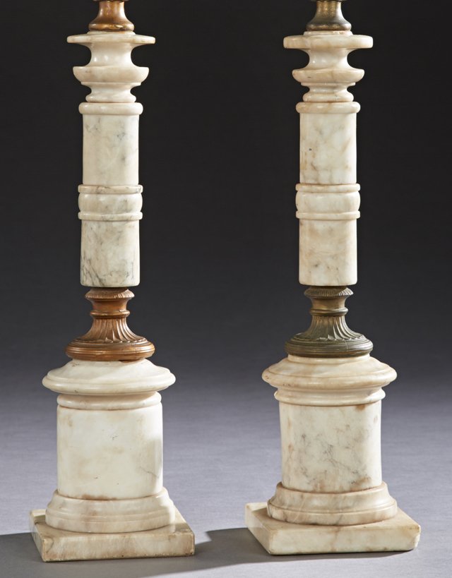 Pair of Carved Alabaster and Gilt Spelter Columnar: Pair of Carved Alabaster and Gilt Spelter Columnar Lamps, 20th c., with reeded supports to a stepped socle, on a square base, H.- 18 1/2 in., W.- 5 in., D.- 5 1/8 in.