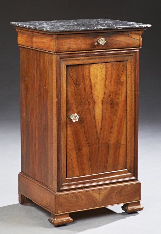 French Louis Philippe Carved Walnut Marble Top: French Louis Philippe Carved Walnut Marble Top Nightstand, 19th c., the highly figured gray marble over a frieze drawer and a cupboard door, on a plinth base on ogee block feet, H.- 28 3/4 in., W.- 16