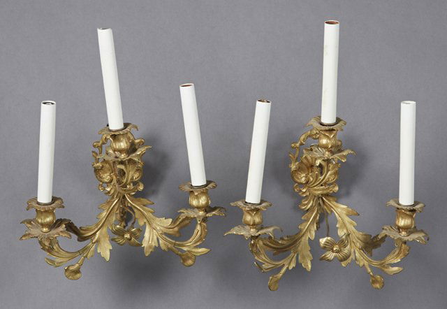 Pair of Brass Louis XV Style Three Light Sconces, early (1 of 1)