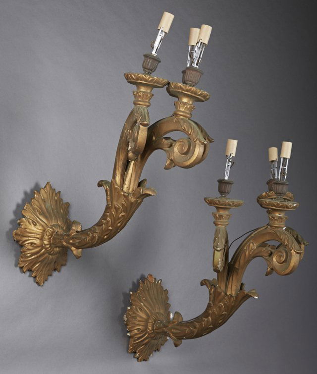 Large Pair of Carved Wood and Gesso Three Light (1 of 2)