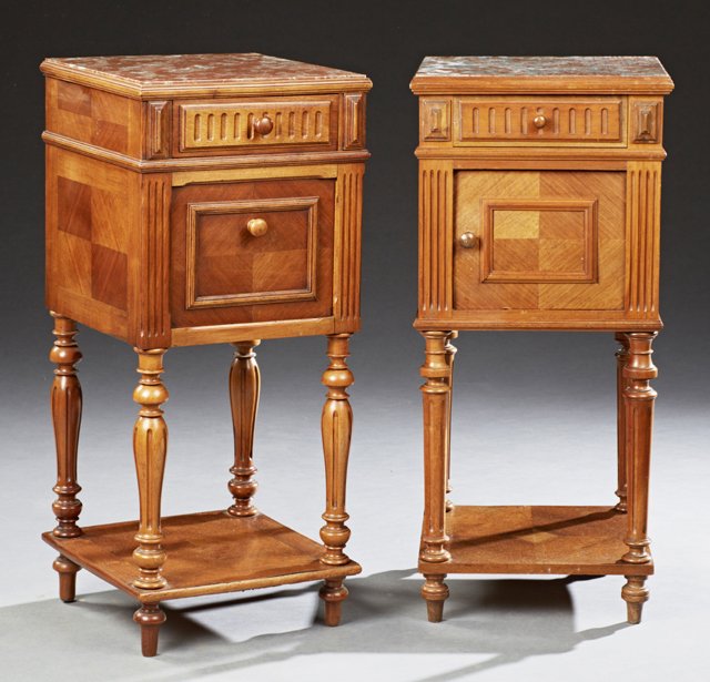 Pair of Henri II Carved Walnut Marble Top Nightstands, (1 of 1)